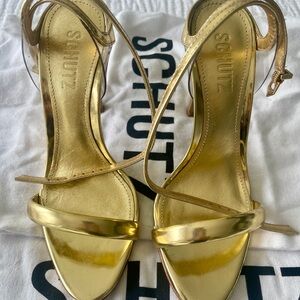 SCHUTZ Skye Vinyl & Specchio Gold Strappy Heels